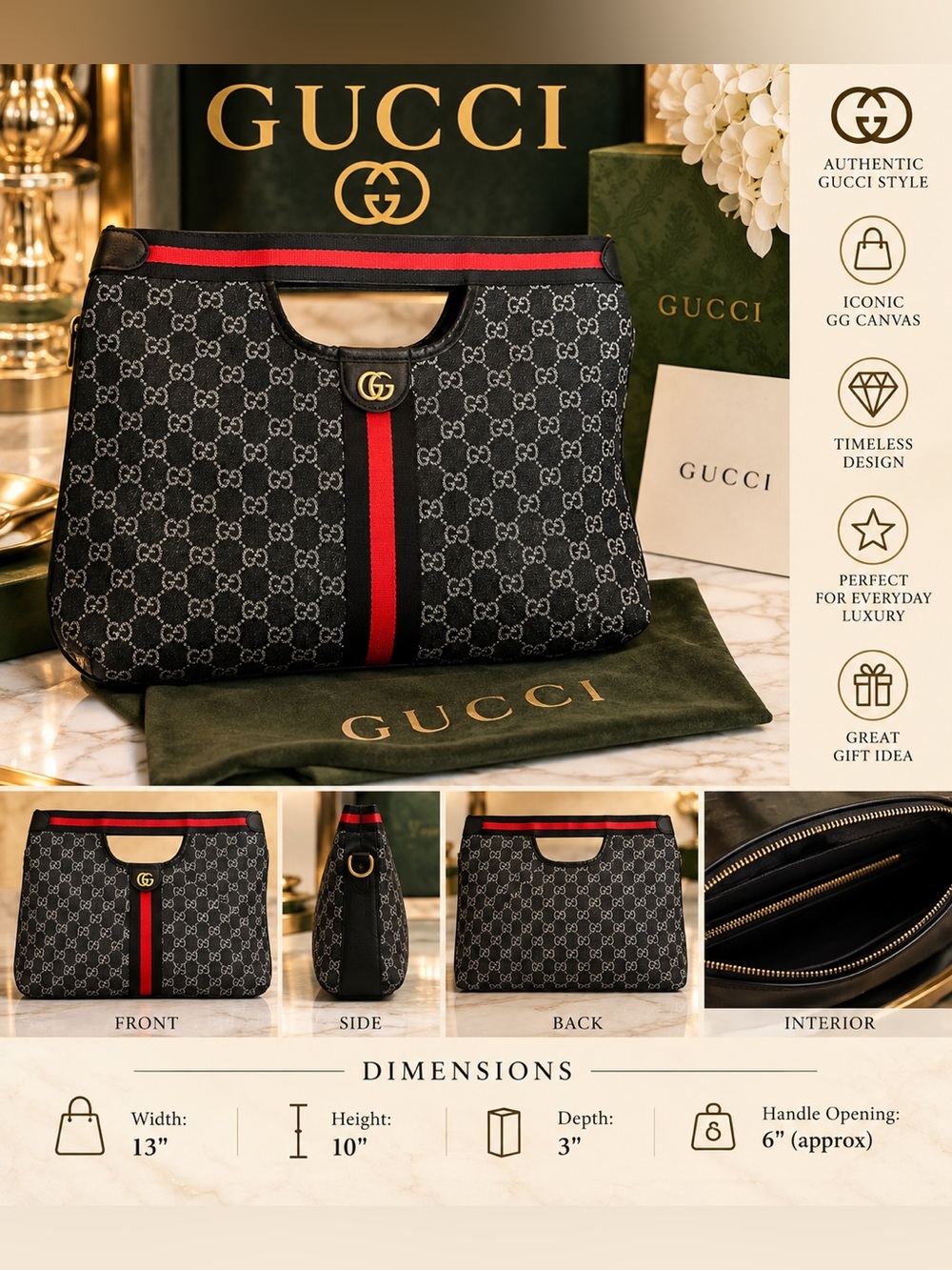 Black Tote with Red Center Stripe and Monogram